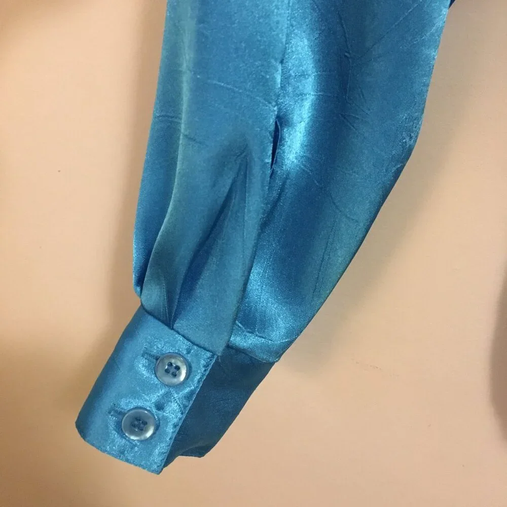 C'est La Vie Vintage Satiny Cyan Blue Retro Button Down Dress Shirt Canadian - M - Picture 8 of 16